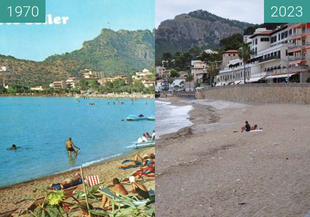 Before-and-after picture of Sóller Playa between 1970 and 2023-May-11