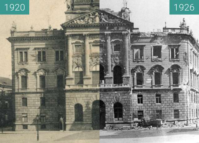 Before-and-after picture of Ex Ministry of Defense in Budapest between 1920 and 1946