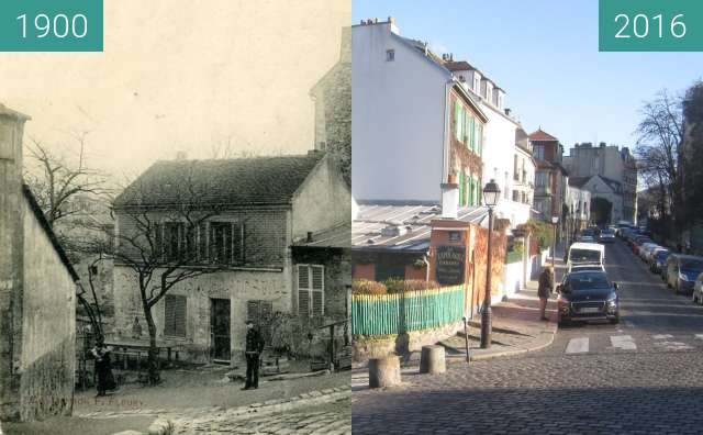 Before-and-after picture of Le Lapin Agile between 1900 and 2016-Jan-21