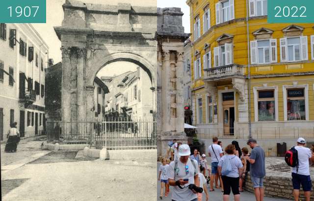 Before-and-after picture of Pula: Porta Aurea between 1907 and 2022-Aug-12