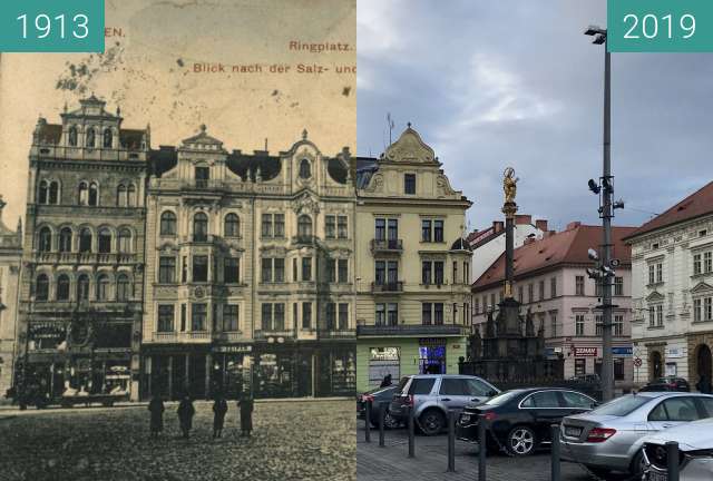 Before-and-after picture of Plzeň - Historické budovy na náměstí between 1913 and 2019-Mar-07