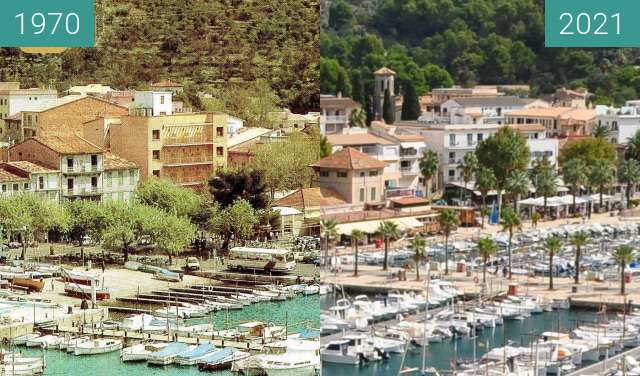 Before-and-after picture of Port de Sóller between 1970 and 2021-Oct-10