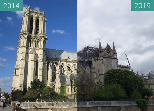 Vorher-Nachher-Bild von Notre-Dame nach dem Brand zwischen 03.09.2014 und 05.05.2019