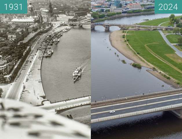 Vorher-Nachher-Bild von Carolabrücke in Dresden 1931 zwischen 1931 und 22.04.2024