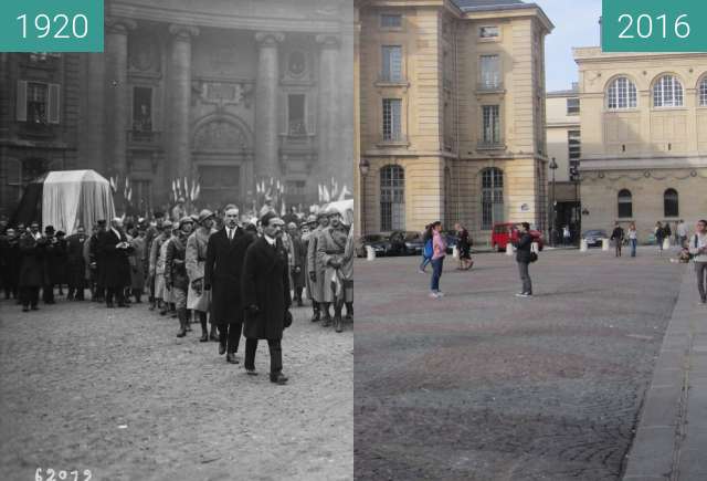 Before-and-after picture of Place du Panthéon between 1920-Nov-11 and 2016-Sep-25