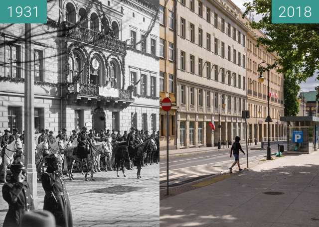 Before-and-after picture of Plac Wolności between 1931-Mar-19 and 2018-Jun-30