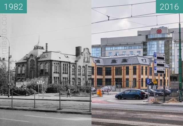 Before-and-after picture of Ulica Zwierzyniecka. Stara drukarnia between 1982 and 2016