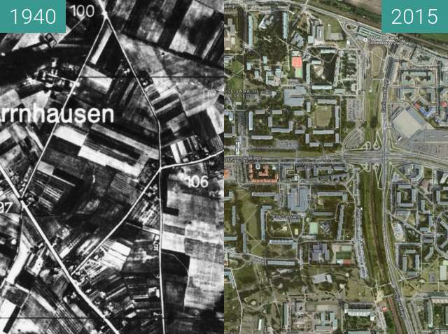 Before-and-after picture of Bird's view of Piatkowo between 1940-Dec-20 and 2015-Dec-20