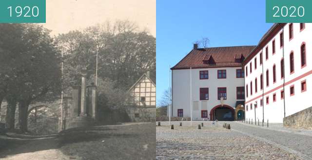 Before-and-after picture of Schloß Iburg between 1920 and 2020-Apr-04