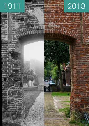 Before-and-after picture of Bergen (North Holland) through the 'Ruin Church' between 1911 and 2018-Aug-15