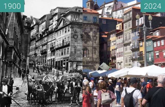 Before-and-after picture of Ribeira Square between 1925 and 05/2024