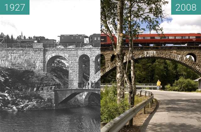 Before-and-after picture of Kjeåsen Railway Bridge between 1927 and 2008