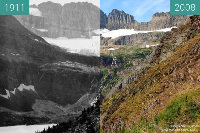 Before-and-after picture of Grinnel Glacier between 1911 and 2008-Sep-11