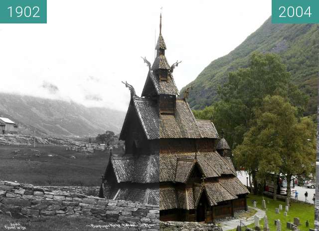 Vorher-Nachher-Bild von Borgund Stave Church zwischen 1902 und 2004