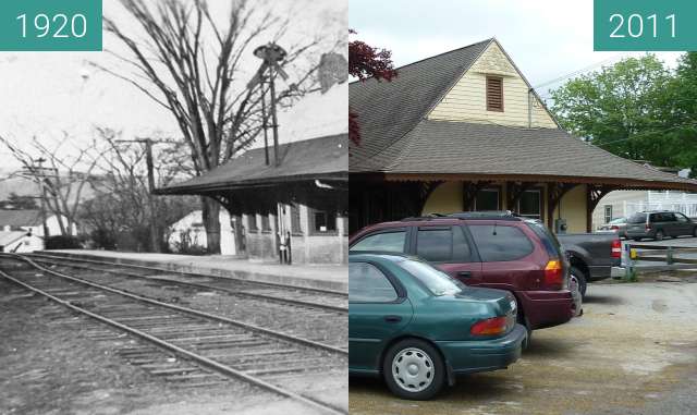 Before-and-after picture of Lakeville, Connecticut Railroad Depot between 1920 and 2011-May-19